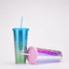 Nieuwe hete verkopen! 5 kleuren 24oz 700ml plasic tumblers in Dubbellaags Plastic Glitter Geleidelijke verandering Tumblers met stro draagbaar en solide leo