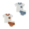 15954 Summer Europe Infant Baby Boys Set Kids Short Sleeve Stripe T-Shirt Shorts 2pcs Set Children Outfits