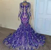 Purple Paillettenspitze Langschläuche Prom Kleider Meerjungfrau für schwarze Mädchen mit hohem Hals -Plus -Größe Sweep -Zug formelle Abend OCN Kleider Robe de Soiree 403