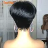 Pixie Short Cut Bob Wig med Bangs Brasilianska raka peruker 100% mänskligt hår peruk för svarta kvinnor rosa färg full maskin gjord