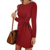 Long Sleeve Lace Waist Tie Knot Dress Round Neck Slim Mini Dresses Skirts Fashion Women Clothes Black Red drop ship 220513