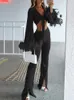 Sexy Feder-Crop-Tops und geteilte Hosen, zweiteilige Sets, Damenmode, ausgestellte lange Ärmel, Krawattenbluse, hohe Taille, Hosenanzüge 220621