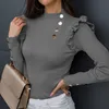 Women's Blouses Shirts Plus Size Autumn Winter Women Long Sleeve Knitwear Rib Ruffle Buttons Basic Shirt 220913
