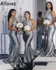 Halter Silver Mermaid Bridesmaid Dresses Elegant Arabic Aso Ebi Maid Of Honor Gowns Sweep Train Sexy Open Back Sleeveless Wedding Guest Prom Dress CL0679