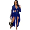 Women's Two Piece Pants Women's Women 2 Matching Set Casual Tied Up Full Sleeve Crop Top Cut Out Split Trousers Two-piece Suit Outfits