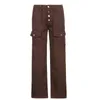Jeansy Kobieta retro streetwear guzika nisko wzniesienia dżinsy z kieszeniami niezależne estetyka pełna długość brązowych dżinsowych spodni 90S T220728
