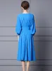 Runway Fashion Summer Midi Dress Women Elegant Lantern Sleeve Solid Casual Party Vestidos Hoge taille Aline gewaden met riem