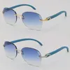 Großhandel Diamond Cut 3524012 Metall Randlose Sonnenbrille Blauer Holzrahmen Mode Hochwertige Sonnenbrille Herren Holzdesign Klassisches Modell 18K Gold UV400 Linsenrahmen