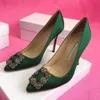 녹색 머서 리화 된 새로운 데님 신발 실버 모조 다이아몬드 하이힐 여자 신발 웨딩 신부 신발 신발 35-42 상자없이
