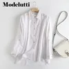 Modelutti Spring Moda de manga comprida mangas dobradas Camisa de linho feminino Casual Bloups Solid Color Tops Simples feminino 220706