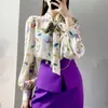 Camicette da donna Camicia in anticipo Primavera Pesante Stampata Silk Shirt Seta Manica lunga Top Donne