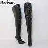 Sorbern Siyah Matt Kadın Çizmeler 12 cm Metal Topuk Ile Stilettos Sivri Burun Geri Fermuar Özelleştirilmiş Geniş veya Slim Fit Bacaklar