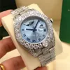 Montre Full Diamond Blue Dail President 128238 128239 Saphir Big Diamond Bezel 43mm 18K or blanc hommes montres-bracelets automatiques avec boîte d'origine