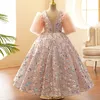 2022 Bling Beaded Crystal Flower Girls Dresses For wedding Tulle Floor Length Beach Girl Pageant Party sequined Gowns Tulle Skirt Formal Kids Wear