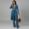 Women's Two Piece Pants Autumn Winter Ribbed Knitted 2 Pant Suits Women Casual Lace Up Drawstring Long Sleeve Tops And Bodycon Flare Trouser