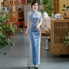 Chińska sukienka na imprezę Długą suknię Cheongsam Seksowną orientalną kobietę Blue Qipao azjatyckie eleganckie szczupłe ubrania dla kobiet