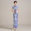 Vestido étnico vestido de noite chinês cheongsam feminino azul e branco padrão de porcelana retro qipao tradicional eleganti slim longethni