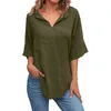 Kvinnor Solid V Neck Shirts Short Sleeve Cotton Linen Blus Summer Loose Fit Casual Girl Tunic Tops Kläder Casual Tunic Tops L220705