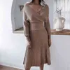 Women Autumn Winter Solid Knitting Suit Long Sleeve Off The Shoulder Sweater Pleated Skirt Bright Silk Two Piece Set T220729