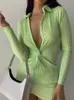 Casual Dresses Summer Long Sleeve Bodycon Dress for Women Cotton Turn-Down Neck Green Twist Mini Sexig Club Office Girl CasualCasual