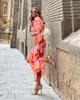 新しい春/夏のファッションプリントドレスブラウスネックネクタイミッドレングスストライプスカートカジュアルな快適なストリート女性服ドレス