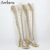 Sorbern Light Gold Shiny Buty Mesh Cross Block Heel Long Summer Boot Chunky Heeled Udo High Samice Boot Custom Colors