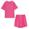 Toppies Summer Tracksuits Two Peices Set Leisure Outfits Cotton Oversized T-shirts High Waist Shorts Candy Color Clothing 220315