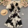 Aibeautyer Summer A Line V Neck Floral Print Lady Full Dress Casual Single Breasted Chiffon Pullover Women Dresses 220514