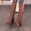 Women Boots Woman Round Toe Square Tube Tube Brown for Pu Leather Side Zipper Browes Moventies Winter Shoes 0709