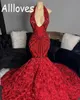 Rosa Vermelha Floral Lantejoulas Rendas Prom Vestidos Halter Sexy V Neck sem mangas Mulheres Celebridade Vestidos de Noite Formal Varredura Trem Backless Sereia Vestidos de Novia CL0208