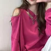 Kvinnors hoodies tröjor Deeptown Y2K Korean stil rosa kvinnor sexiga av axelgrön lös ihålig ut all-match crewneck toppar e-flick