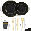 Dininar utensílios descartáveis ​​60 peças de festas de mesa preto vermelho com aro dourado plástico plástico sierware xícara conjunto de deus do dia de casamento