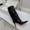 2022 Nieuwe hoge hak Fashion Patent Leather High Boots Black Pointed Teen Stiletto Side Zip maar knie