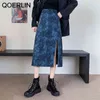 Qoerlin Tiedye Split Skirt Женская весна лето в середине длины ретро высокая талия нерегулярная юбка алин плюс джинсы юбки женщины 210412