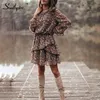 Southpire Black Floral Print A-Line Ruffle Vintage Dres's Long Sleeve Sexy Mini Casual Party Daily Ladies Clothes 220321