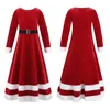 Girl's Dresses Kids Girls Christmas Costume Red Velvet Long Sleeves High Waist Belt Faux Fur Trimmed Dress Children Year Clothing