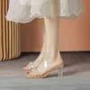Sapatos Femininos de Salto Alto de Verão de 7cm Moda Transparente Sexy Chinelos Ocos Respiráveis Dedo Quadrado Feminino Slides Transparentes 220520