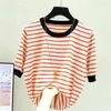 Shintimes Striped Tee Shirt Femme Tops Summer T Women Thin Ice Silk Knitted Tshirts Short Sleeve Clothing Camisetas Mujer 220328