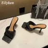 Eilyken 2021 New Summer Design Weave Square Toe Heels High Quality Slippers Gladiator Beach Womens Sandal Slides Shoes Dadreyery