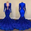 Blue Mermaid Royal Prom Kleider funkelnde Spitzen -Pailletten Lange Ärmel schwarze Mädchen Afrikanische Promi -Abendkleid