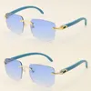 Wooden With Metal C Decoration Glasses 18K Gold Blue Wood Rimless Sunglasses Unisex Ornamental Light color lens Driving Fashion Adumbral Eyewear Size:54-18-140mm