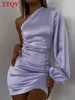 TTQV Sexy Une Épaule Femmes Robe Moulante À Manches Longues Violet Satin Mini Robe Dames Mode Mince Classique Robes De Soirée T220804