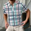 メンズポロスメンストリートシャツ2022夏のシックな格子縞のカジュアルパッチワークラペルジッパーデザイン