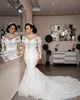 2022 Árabe Aso Ebi Laço Laço Frisado Cristais Vestidos De Noiva Pedido Pessoas Nupcial Vestidos De Noiva Sereia Vestidos de Casamento C0408