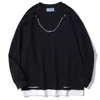 Moishe Tide Fake Two-piece Hole Chain Round Neck Sweater for Men Loose Hip-hop Casual Couple