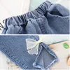 Clothes For Kid Baby Girl Outfit Set Dot Pleated Lace Collar + Long Denim Bows Trousers Children Clothing 1 2 3 4 Years 220507