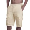 Short en lin pour hommes, multi-sacs noués, salopette de plage, été, ample, couleur unie, pantalon Crock