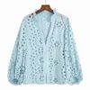 Women Lace Shirt Hollow Out Embroidery Blouse White Blue Green Rose Pink Summer Clothing Modern Girl Blusa Tops 220725