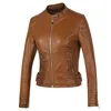 2021 Fashion Women elegant Zipper Faux Leather Riker Jacket in Brown Black Slim Ladies Coat Coat Disual Motorcycle Leather Coat L220728