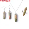 Wojiaer New Women Fashion Long Natural Stone Sergrings Кольцевые кольцо набор розовой Quartz Hexagon Point BO959